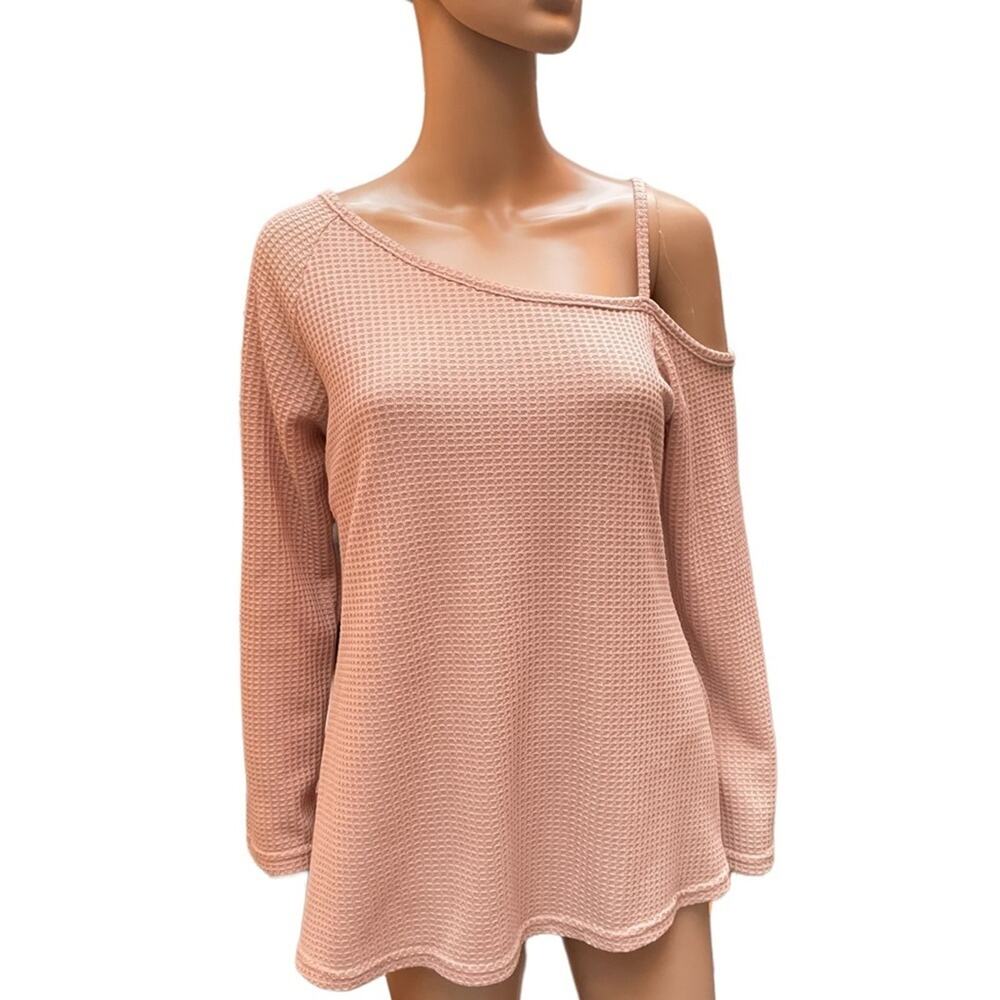 Ineffable Tunic Medium Casual Chic Waffle Knit Half Cold Shoulder Blouse Pink